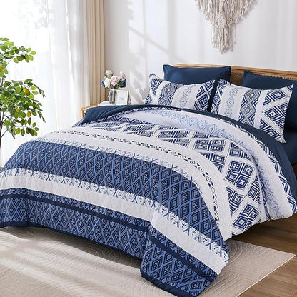 Luxudecor Blue Comforter Set King Size 7 Pieces,Boho Aztec Comforter with Sheet Set,Geometric Striped Pattern Bed in a Bag,Soft Microfiber Bed Set 104"x90"