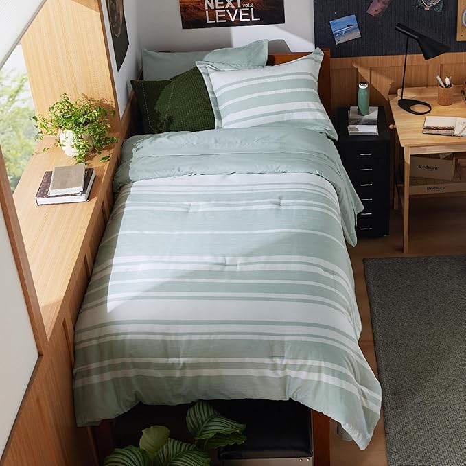 Bedsure Twin XL Comforter Set 5 Pieces, Sage Green Striped Bedding Set for All Seasons, Reversible, Cationic Dyeing Bed in a Bag with Comforter, Sheets, Pillowcase & Sham