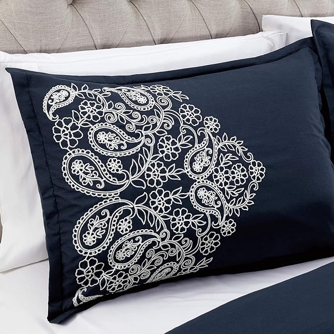 Chezmoi Collection Linz 7-Piece Navy/White Paisley Floral Scroll Embroidered Comforter Set, Queen