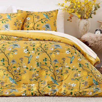 MUSSEL Yellow Bedding Queen Comforter Set 3 Pieces,Vintage Botanical Floral Pattern Bed Comforter Sets,Boho Whimsical Modern Printed Design Cute Seersucker Bedroom Comforter and Shams