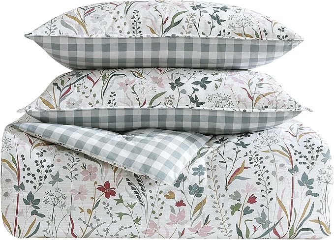 Eddie Bauer - Twin Comforter Set, Reversible Cotton Bedding with Matching Sham, Floral Print with Plaid Reverse, Medium-Weight, Dorm Essentials (Woodland Forest Grey)