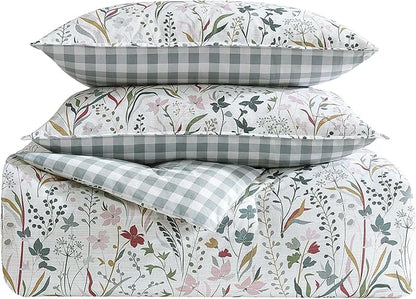 Eddie Bauer - Twin Comforter Set, Reversible Cotton Bedding with Matching Sham, Floral Print with Plaid Reverse, Medium-Weight, Dorm Essentials (Woodland Forest Grey)