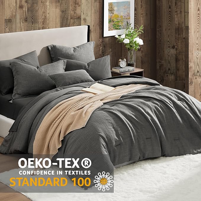 Geniospin Queen Comforter Set - 7 Pieces Comforter Queen Size, Solid Bedding Set for All Season, Textured Bed in a Bag with Flat Sheet and Fitted Sheet, Pillowcases and Shams (Grey, 90''x90'')