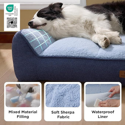 Bedsure SupportMax XL Pro Orthopedic Dog Beds Large Sized Dog - Extra Thick Supportive Dogs Couch with Waterproof Washable Cover, Extra Large Comfort Pet Sofa with Sherpa & Nonskid Bottom, Blue, 45"