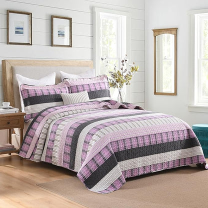 Homzard King Size Comforter Set，Cotton Plaid King Size Quilt，Pink Black Beige Bedding Set，Farmhouse Striped Bedspread Set，Lightweight Reversible Coverlet All Season 3 Pieces