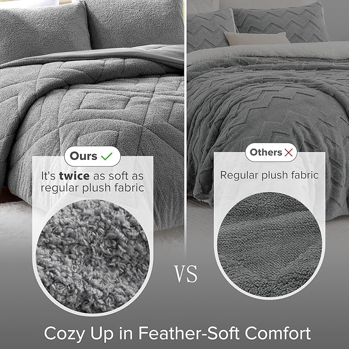 Comfort Spaces King Comforter Set Reversible Feather-Soft Plush Comforters for King Size Bed All Season Lightweight Shearling Fleece Sherpa Comforter King Size Bed Set, King/Cal King, Grey 3 Piece