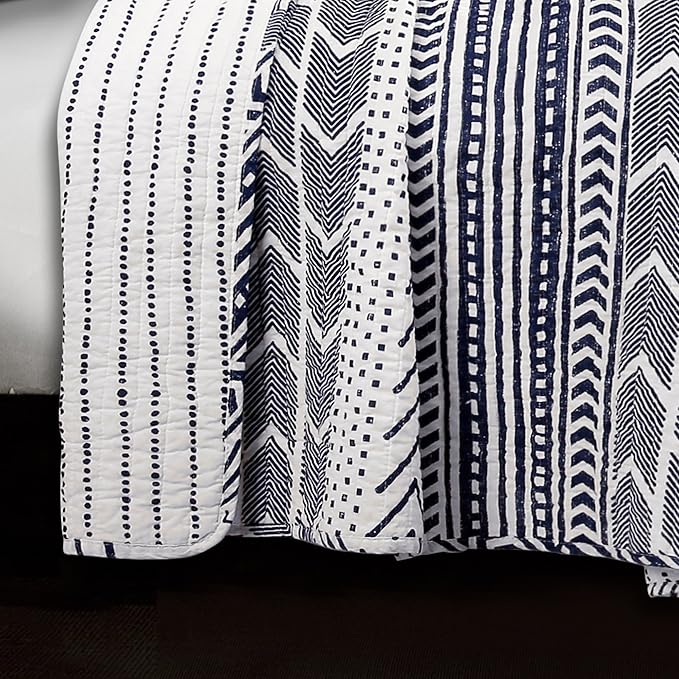 Lush Decor Hygge Geo Pattern Striped 3 Piece Quilt Bedding Set, King, Navy & White