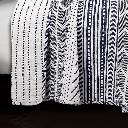 Lush Decor Hygge Geo Pattern Striped 3 Piece Quilt Bedding Set, King, Navy & White