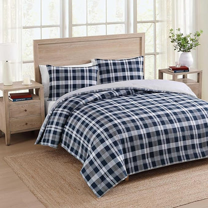 Tommy Hilfiger - Full/Queen Comforter Set, Cotton Textured Bedding with Matching Shams, Medium Weight Bed Set, Oeko-TEX Certified (Dream Madras Blue)