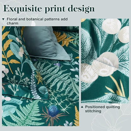King Comforter Set - 3 Pieces Botanical Bedding Comforter Set, 1 Soft Dark Green Plant Flowers Comforter (104"x90") and 2 Pillow Shams(20"x36") Ultra-Soft Comfort Suitable for All Seasons