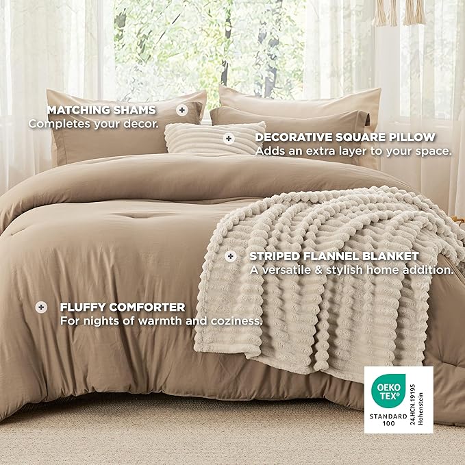Bedsure Comforter King Size 5 Pieces - King Size Comforter Set with Fleece Throw Blanket and Decorative Pillow, Lightweiget Bedding Comforter Sets, All Season Bedding Sets, Khaki