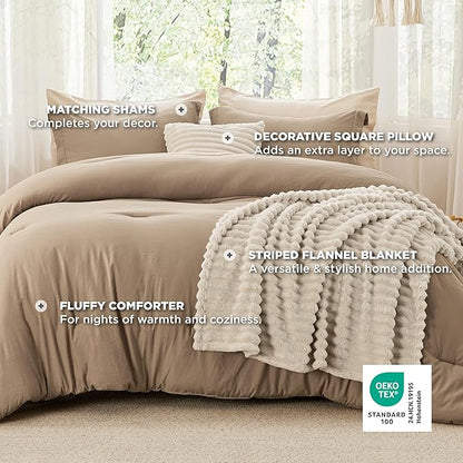 Bedsure Comforter Queen Size 5 Pieces - Queen Size Comforter Set with Fleece Throw Blanket and Decorative Pillow, Lightweiget Bedding Comforter Sets, All Season Bedding Sets, Khaki