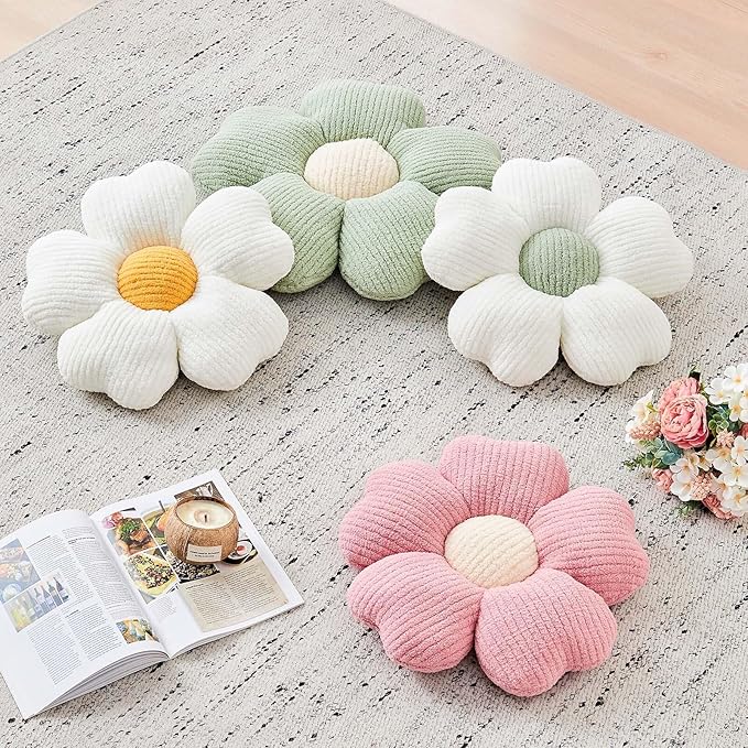 Flower Throw Pillow, Cute Flower Shaped Pillow Decorative Throw Pillow for Bed Couch, Soft Daisy Pillows Floor Seating Cushion Cushions (19.6 Inch White+Green)