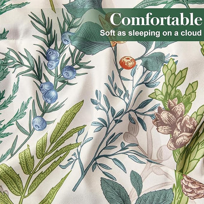Queen Comforter Set - 3 Pieces Botanical Bedding Comforter Set, 1 Soft White Green Plant Flowers Comforter (90"x90") and 2 Pillow Shams(20"x26") Ultra-Soft Comfort Suitable for All Seasons