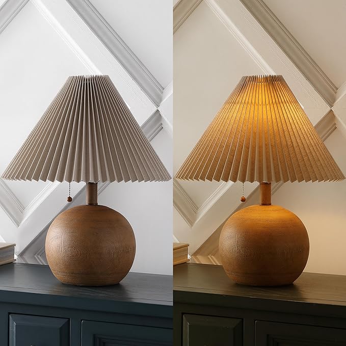 JONATHAN Y JYL1145A Aksel 17.25" Coastal Scandinavian Resin/Iron Sphere LED Table Lamp with Pleated Shade and Pull Chain, Brown Wood Finish/Beige, for Entry Console, Bedroom, Living Room