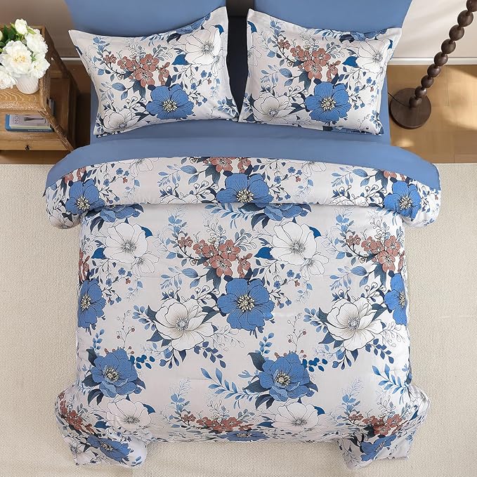 Xruibed Blue Floral Comforter Set Queen Size 7 Pieces Bed in a Bag Flower Comforter Set with Sheet, Pillowcases, Pillowshams, Soft Microfiber Bedding Set for All Season (Queen 90''x90'')