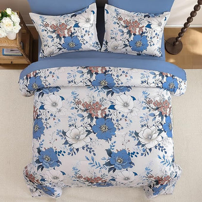 Xruibed Blue Floral Comforter Set Queen Size 7 Pieces Bed in a Bag Flower Comforter Set with Sheet, Pillowcases, Pillowshams, Soft Microfiber Bedding Set for All Season (Queen 90''x90'')
