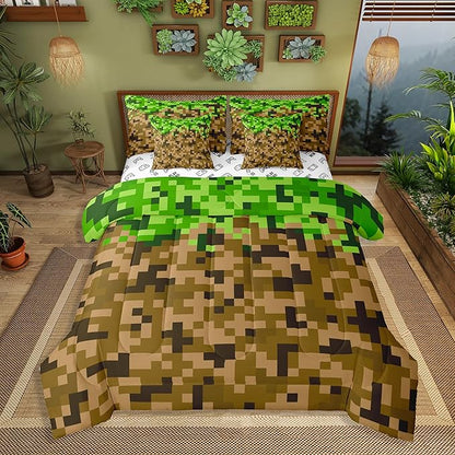 Miner Style Square Grid 7Pcs Comforter Set Full Size,Brown Green Army Camo Bedding Set for Kids Boys Teens Men Room Decor,Cartoon Gamepad Reversible Bed in a Bag Pixelated Games Flat Fitted Sheet