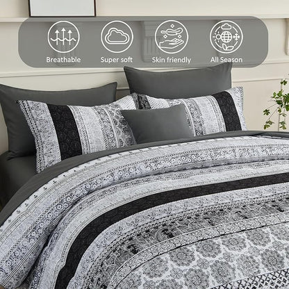 Cottolester Boho King Size Comforter Set 8 Pieces,Gray Bohemian Striped Bed in a Bag,Floral Soft Microfiber Bedding Comforter Set