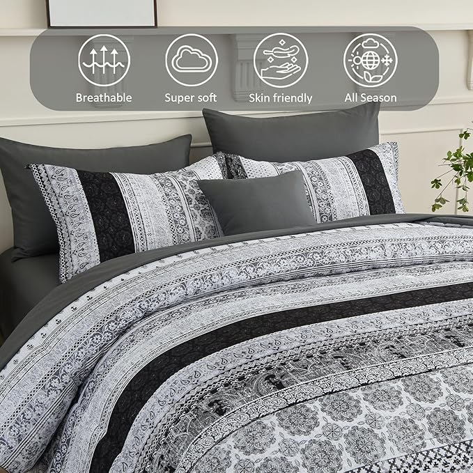 Cottolester Boho Queen Size Comforter Set 8 Pieces,Gray Bohemian Striped Bed in a Bag,Floral Soft Microfiber Bedding Comforter Set