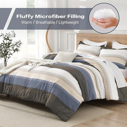Litanika King Comforter Set Blue Brown - 3 Pieces Lightweight Fluffy Bedding Comforter Sets, All Season Down Alternative Comforter (1 Comforter, 2 Pillowcases)