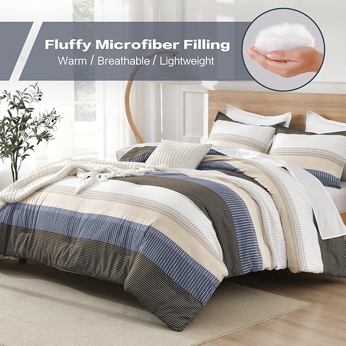 Litanika Full Comforter Set Blue Brown - 3 Pieces Lightweight Fluffy Bedding Comforter Sets, All Season Down Alternative Comforter (1 Comforter, 2 Pillowcases)
