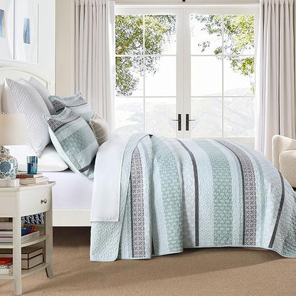 Homzard King Size Quilt,Cotton King Size Comforter Set,Mint Green Grey Bedding Set,Striped Bedspread,Lightweight Summer Comforter Sets 3 Piece