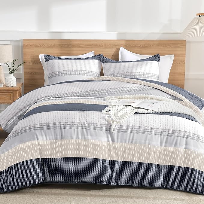 Litanika Oversized King Comforter Set Blue Yellow 120x98-3 Pieces Lightweight Colorblock Stripe Fluffy Bedding Comforter Sets, All Season Bed Set
