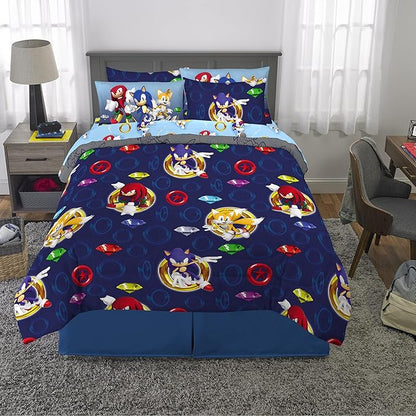 Franco Sonic The Hedgehog Anime Kids Bedding Super Soft Comforter and Sheet Set with Sham, 7 Piece Queen Size, (Official Licensed Product)