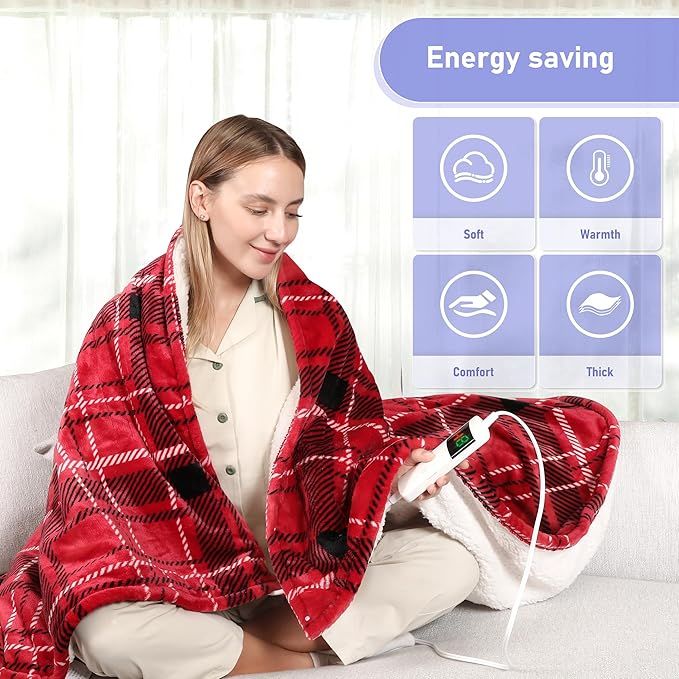 Electric Blanket Heated Throw, Soft Flannel 50"x60" Plaid Heating Blanket with 8 Hours Auto Off 10 Fast Heating Levels Machine Washable Sherpa Heated Blanket with Overheating Protection