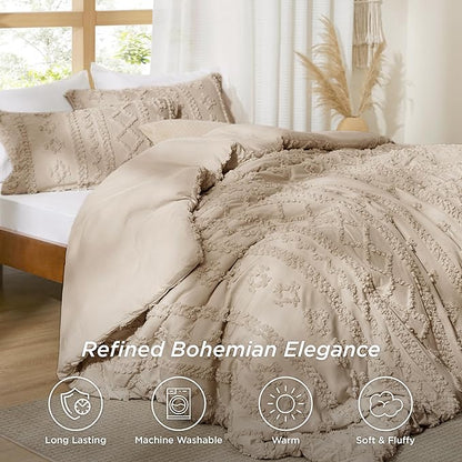 Bedsure Tufted Boho Comforter Set Full Size - Khaki Boho Bed Set, GentleSoft™ 3 Pieces Farmhouse Shabby Chic Embroidery Bedding, Gifts for Woman, Soft Jacquard Full Comforter for All Seasons