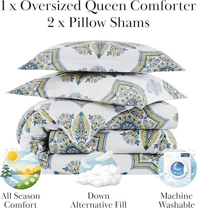 Southshore Fine Living, Inc. Oversized Comforter Full Size Set, Down Alternative Boho Bedding, Paisley Floral Print Bed Spread, Full Size/Queen with 2 Matching Shams, Aqua on White