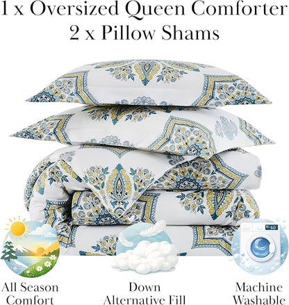 Southshore Fine Living, Inc. Oversized Comforter Full Size Set, Down Alternative Boho Bedding, Paisley Floral Print Bed Spread, Full Size/Queen with 2 Matching Shams, Aqua on White