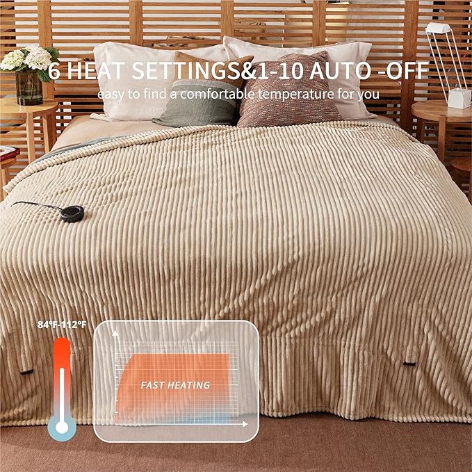 Heated Blanket Full Size 72"x84",ETL Certification- 6 Heating Levels Electric Blanket&1-10 Hour Auto Off,Heating Blanket with Dual Controller(Beige)
