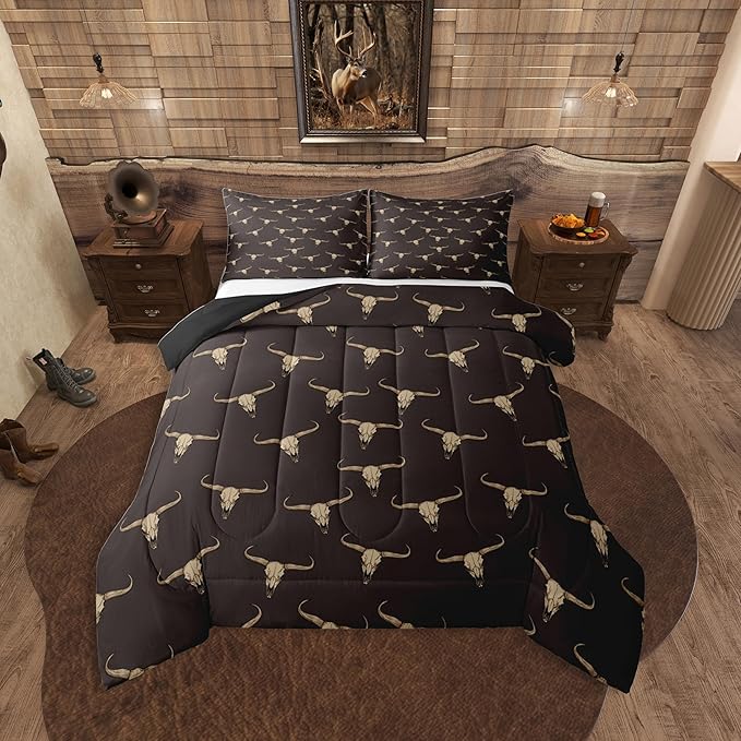 Erosebridal Bull Skull Comforter Set Full Ethnic Bohemian Bedding for Men Boys | Tribal Steer Skull Wildlife Aztec Bedroom Decor Farmhouse Cabin Lodge Duvet Insert with 2 Pillow Cases,Brown