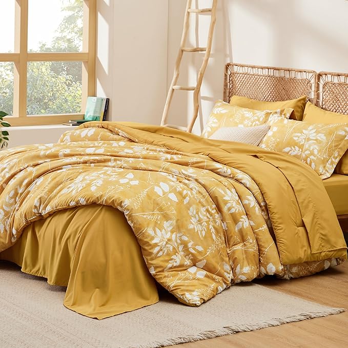 Bedsure King Size Comforter Set - 7 Pieces Floral Yellow Soft Bedding Sets, King Bed in a Bag with Botanical Flowers Comforter, Sheets, Pillowcases & Shams