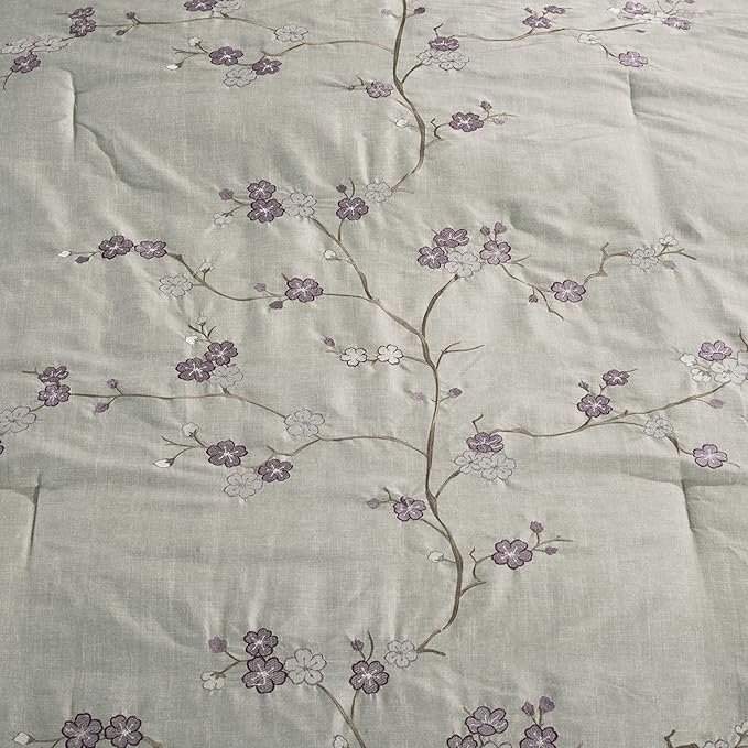 Chezmoi Collection Miki 7-Piece Luxury Floral Purple/Gray Cherry Blossom Embroidery Comforter Set, Queen