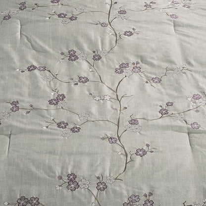 Chezmoi Collection Miki 7-Piece Luxury Floral Purple/Gray Cherry Blossom Embroidery Comforter Set, Queen