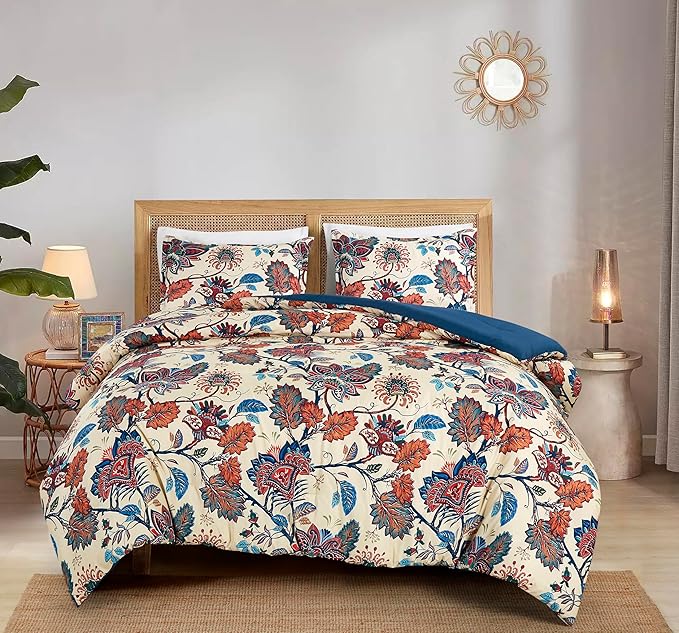 Chezmoi Collection Azura 3-Piece Floral Comforter Set Full - Multicolor Blue Red Orange Cream Printed Microfiber Lightweight Bedding Set for All Season