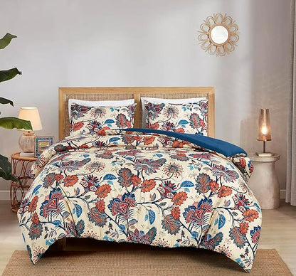 Chezmoi Collection Azura 3-Piece Floral Comforter Set Full - Multicolor Blue Red Orange Cream Printed Microfiber Lightweight Bedding Set for All Season