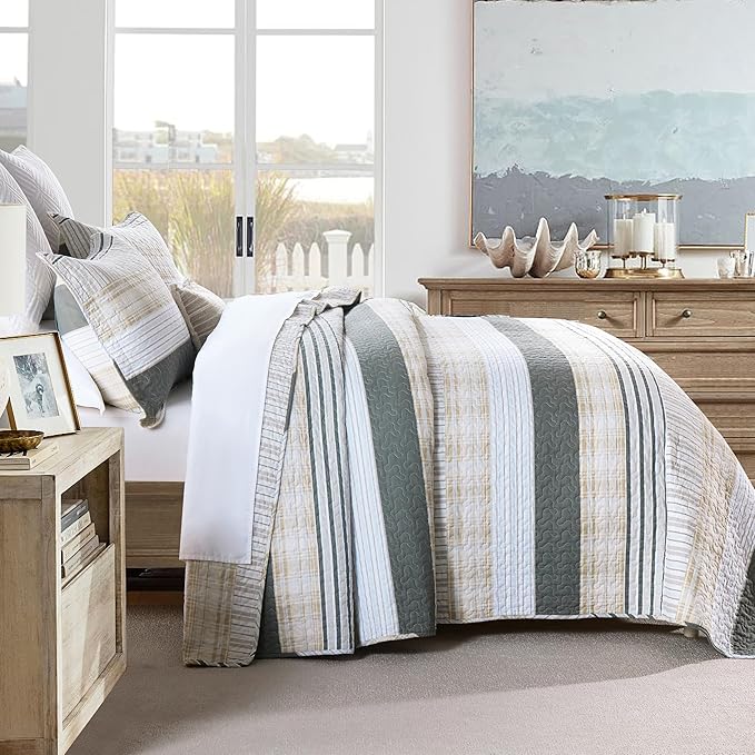 Homzard Quilt King Size - Cotton King Size Comforter,Beige Grey Plaid Bedding Set,Striped Bedspread Set(106 * 98 Inches),3 Piece