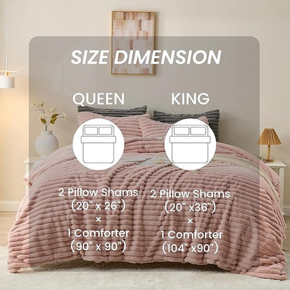Simple&Opulence Fluffy Faux Fur Comforter Set, Plush Fuzzy Minky Bedding Set, 3 Pieces Warm Soft Comforter Bedding Set for Winter - 1 Shaggy Comforter with 2 Pillow Shams(Queen, Striped - Pink)