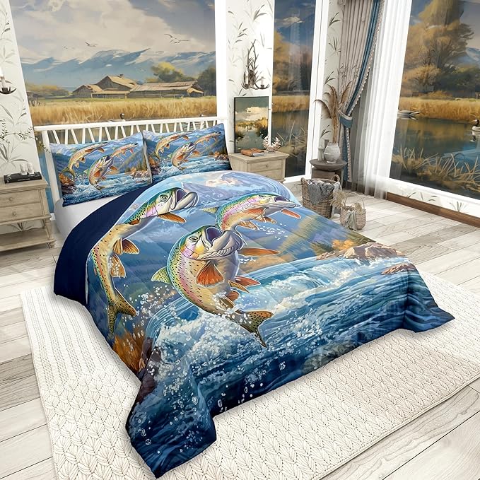 Erosebridal Fishing Theme King Bedding Set,Big Pike Bass Fish Comforter Set for Kids Boys Men,Rustic Mountain Comforter,Lake House Country Bedroom Room Decor,2 Pillowcases Lightweight