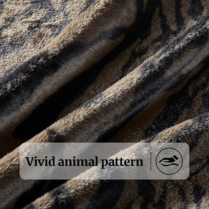 JONIYEAR Soft Fluffy Tiger Print Faux Rabbit Fur Blanket Twin Size 60" x 70",Oversized Luxury Decorative Cozy Shaggy Fuzzy Blankets,Reversible Warm Animal Printed Blanket for Women Winter,Brown Coffee