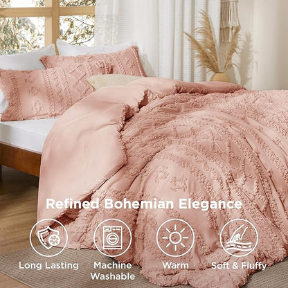 Bedsure Tufted Boho Comforter Set King Size - Light Pink Boho Bed Set, GentleSoft™ 3 Pieces Farmhouse Shabby Chic Embroidery Bedding, Gifts for Woman, Soft Jacquard King Comforter for All Seasons