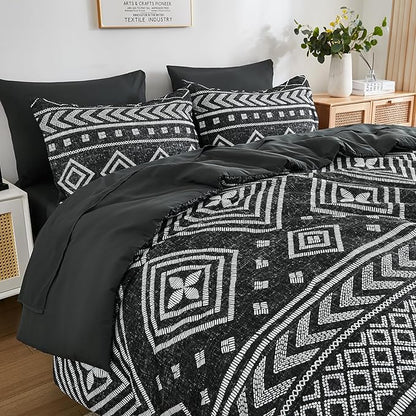 Yiran Black Comforter Set Full Size, Boho Aztec Comforter Bedding Set, 7 Piece Bohemian Summer Bed in a Bag, Soft Microfiber Striped Complete Bedding Set with Sheets for All Season