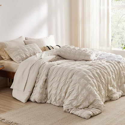 Bedsure Bed in a Bag Twin - 5 Pieces Plaid Seersucker Bedding Comforter Sets, Soft Lightweight Beige Boho Bed Set with Comforters Twin Size, Sheets, Pillowcase & Sham