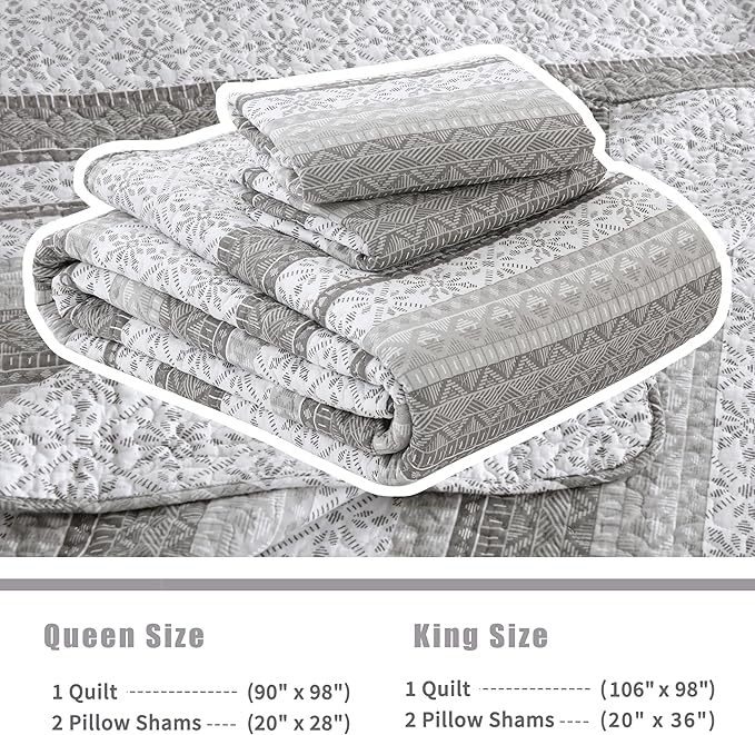 Homzard Quilts Queen Size,Grey White Snowflake Striped Quilt Bedspread Set,Cotton Boho Gray Comforter Set, Lightweight Comforter Queen Size (90 * 98 inches) and 2 Pillow Shams