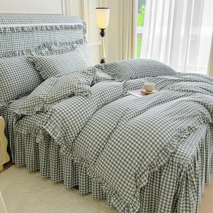 mixinni Vintage Green Gingham Ruffle Comforter Set 3-Piece Washed Cotton Twin XL Size Grid Bedding Set with Geometric Checkered Pattern, Farmhouse Chic Soft Fluffy Comforter for All-Season