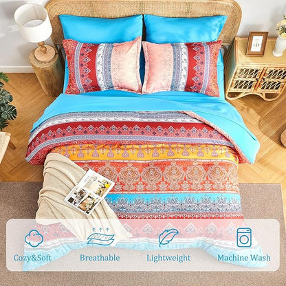 Coral Pink King Size Comforter Set Boho - 7 Pieces Floral Striped Comforter and Sheet Set, Soft Bed in a Bag Complete Bedding Sets for All Season(Coral Pink, King)